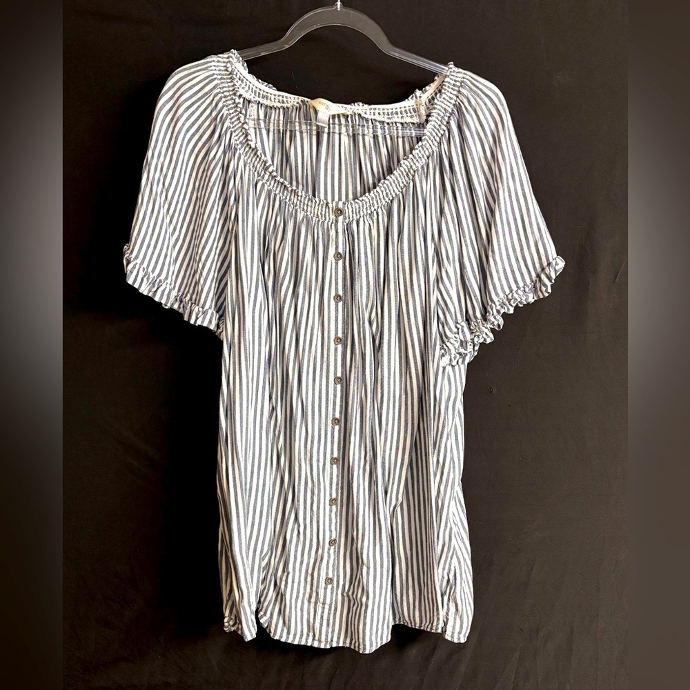Terra & Sky Soft Linen Tunic Top Size 2X Flutter Sleeves Blue White Stripe